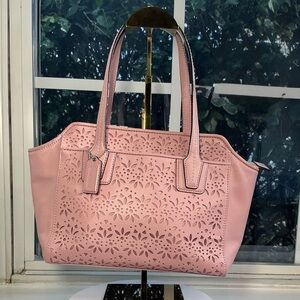 Coach Taylor Pink Laser Cut Floral Leather Tote Crossbody w/COA